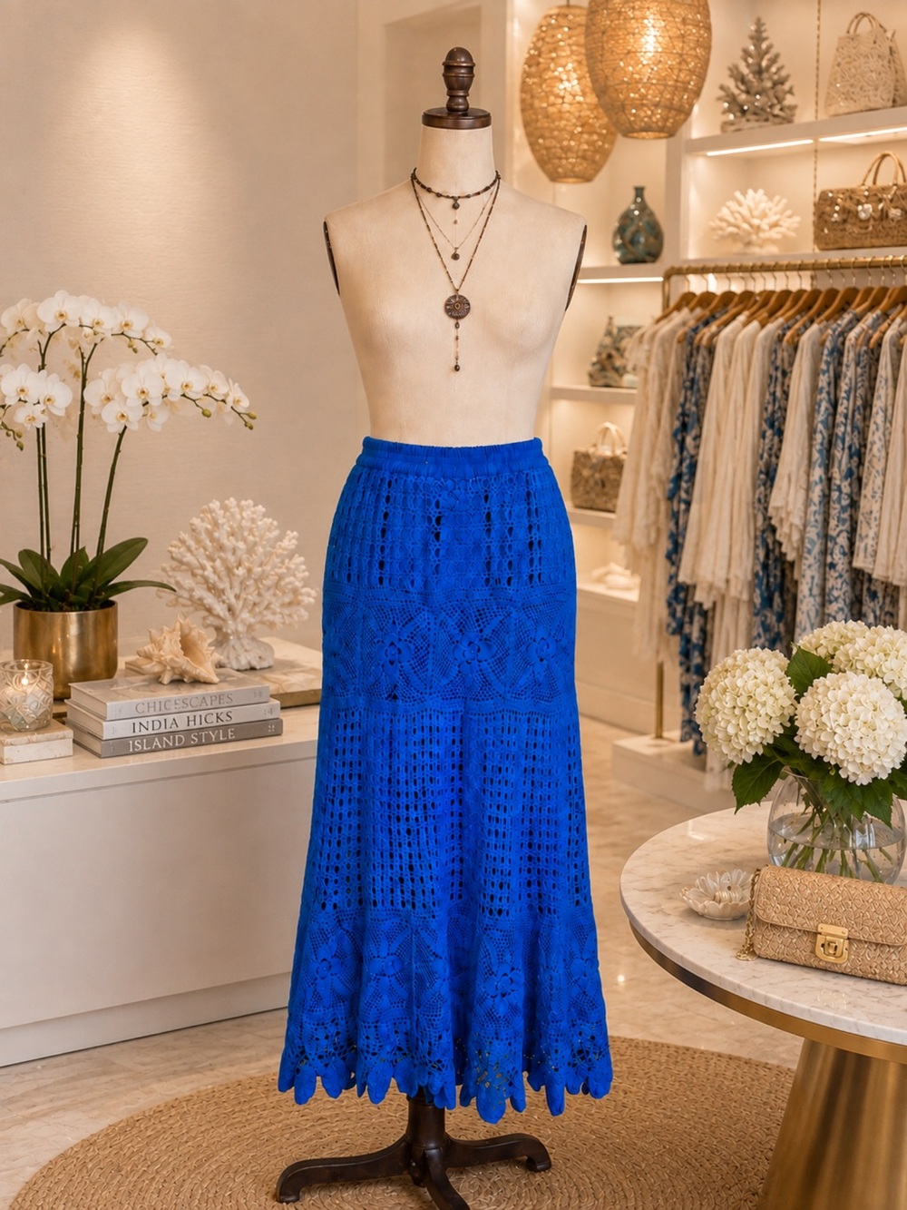 Vintage teal blue crochet maxi skirt L